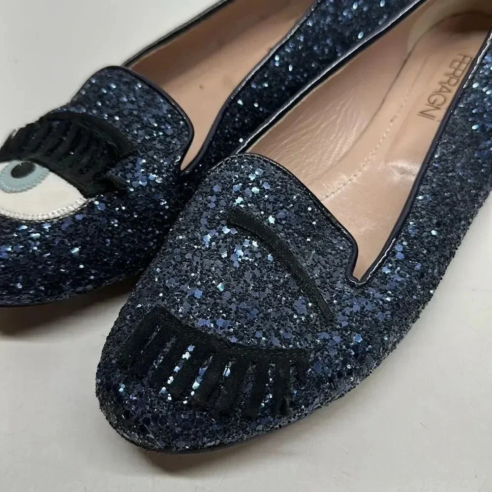 Chiara Ferragni Glitter Ballet Flats Shoes Wink Evil Eye Navy Blue Size 36 6